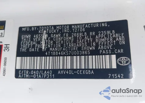 2007 Toyota Camry Hybrid from USA, damaged, VIN 4T1BB46K57U003865